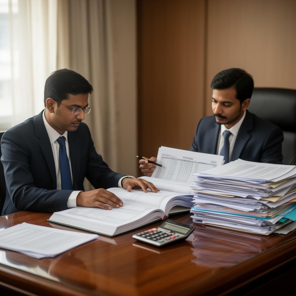 Hoque Zaman Sarker & Co. consultants reviewing client ledgers at the Farmgate office